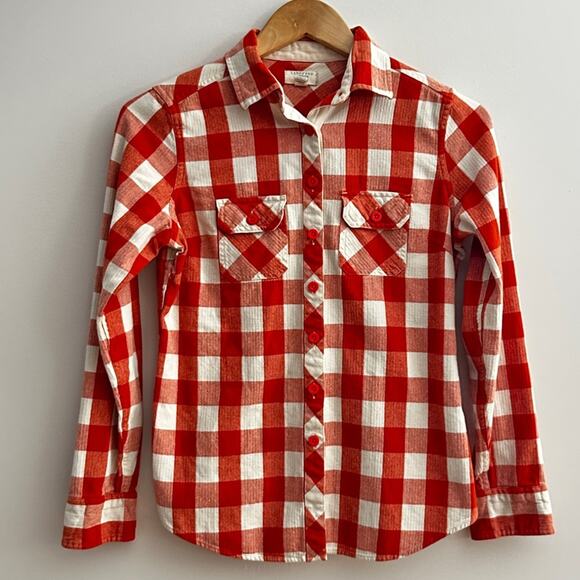 Land's End canvas women's extra smalll plaid orange and cream shirt 100% cotton - Picture 1 of 8